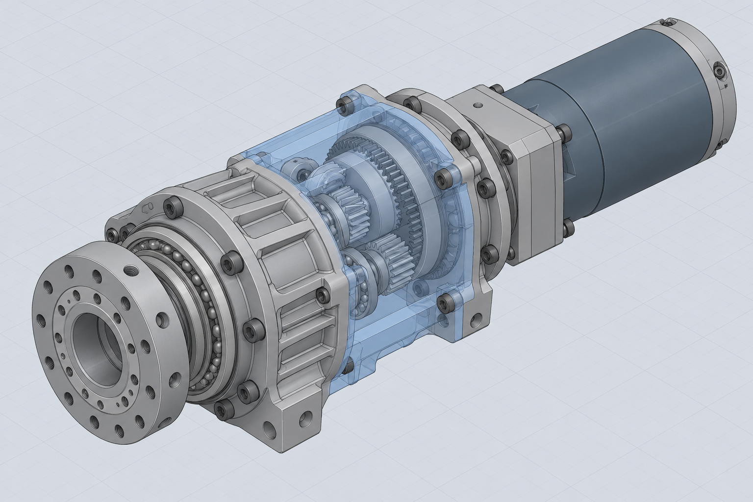 CAD-style robotic joint concept with shaded geometry, visible model edges and a translucent blue housing revealing internal gears